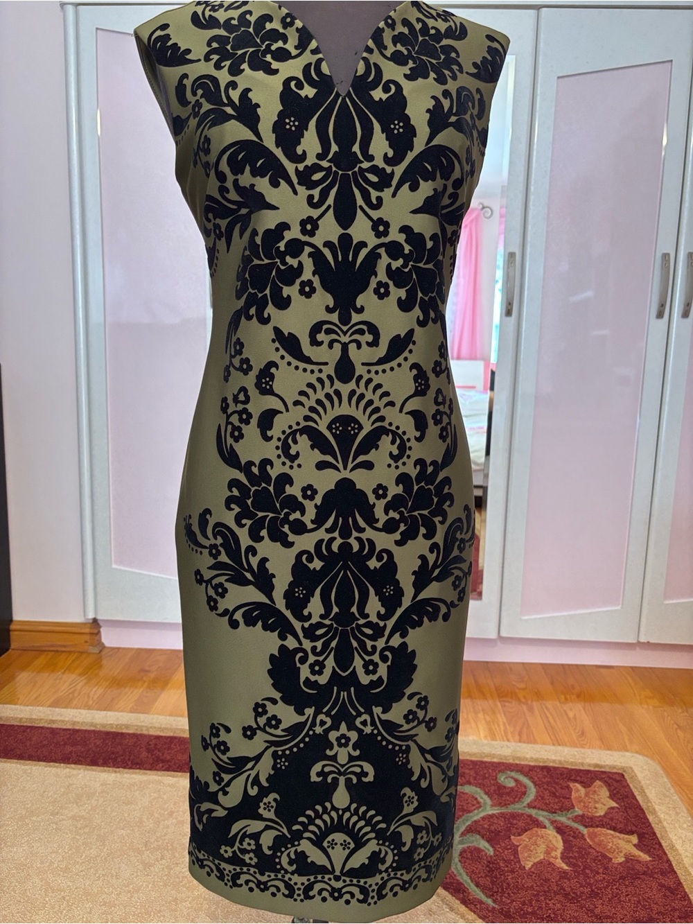 ECI Olive and Black Sleeveless Midi Dress with Damask Print